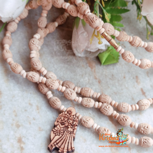 Radha Krishna 3 Round in Radha Carved Mridang Shaped Tulsi Kanthi Mala