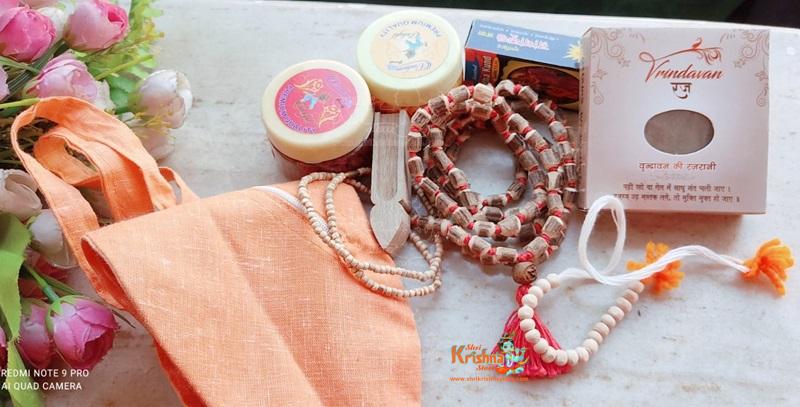 Japa Mala Set-Kanthi Mala,Chandan,Jholi,Tilak Stamp,Radhakund Tilak, And Vrindavan Raj