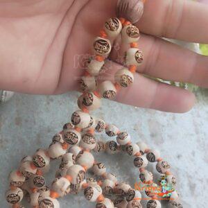 Krishna Naam Carving Tulsi Beads Mala With Orange Tassel