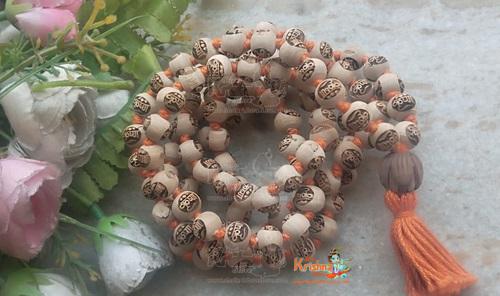 Krishna Naam Carving Tulsi Beads Mala With Orange Tassel