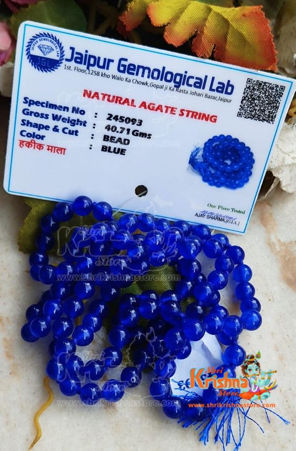 Certified Blue Hakik Mala or Blue Agate Rosery- For Rahu Nivaran & Protectioin from evil -6 mm & 108 Beads
