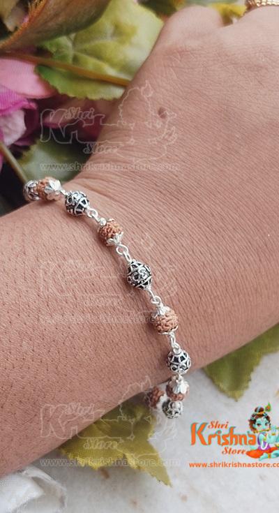 Silver Om Carved Rudraksha Bracelet