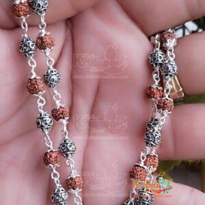 Silver Om Carved Rudraksha Mala