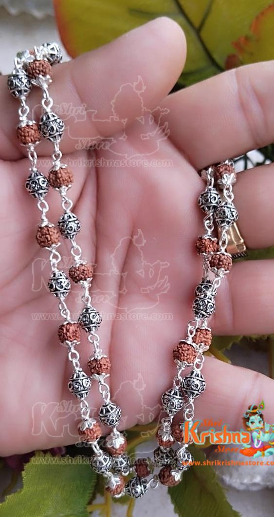 Silver Om Carved Rudraksha Mala