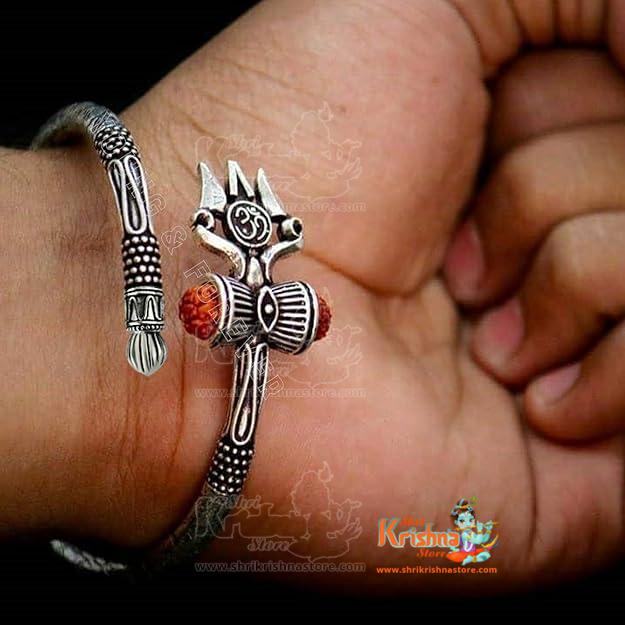 Rudraksha Shiv Om Trishul Damroo Kada for men, Lord Shiva Bahubali Cuff Bracelet for men