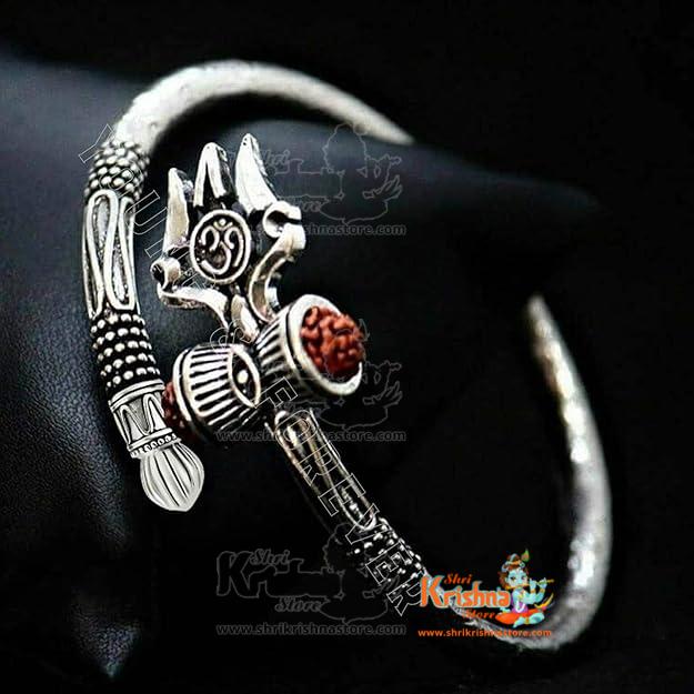 Rudraksha Shiv Om Trishul Damroo Kada for men, Lord Shiva Bahubali Cuff Bracelet for men