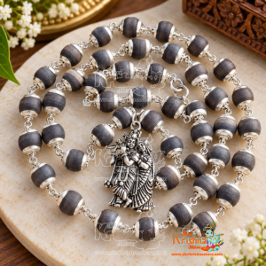 Radha Krishna Silver Pendant with Silver Tulsi Capped 54 Beads Mala