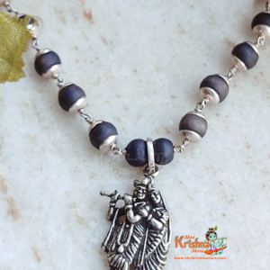 Radha Krishna Silver Pendant with Silver Tulsi Capped 54 Beads Mala