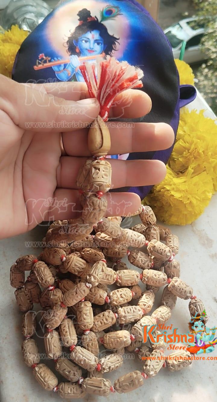 Krishna Carved Tulsi 108+1 Beads Japa Mala With Krishna Digital Bead Bag