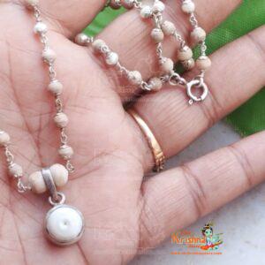 Original Pure Silver , Tulsi , Real Pearl Moti Pendant Mala in Silver Flower Capped Beads