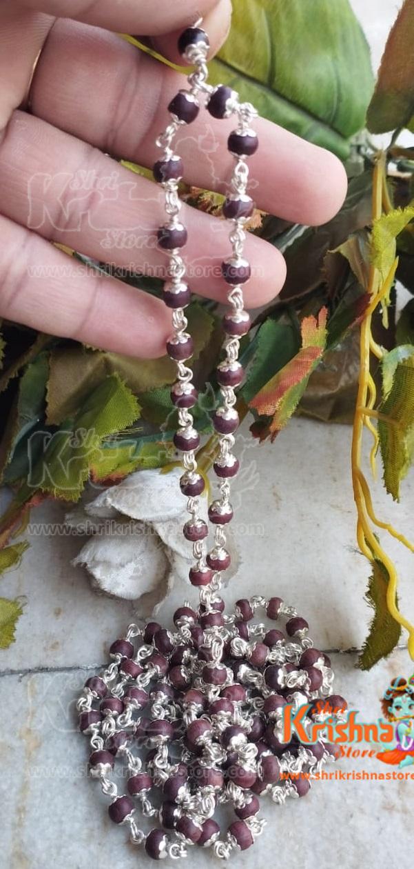 Original Red Sandalwood ( Rakt Chandan) 108 + 1 Beads Mala With Silver Flower Capped