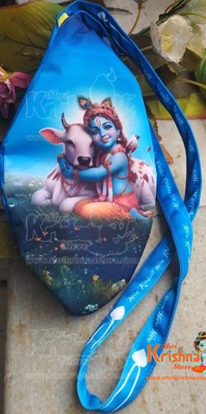 Beautiful three-sided painted Japa bead bag featuring Gau Sewa and Govinda motifs. Durable, spiritual, and perfect for daily mantra meditation.