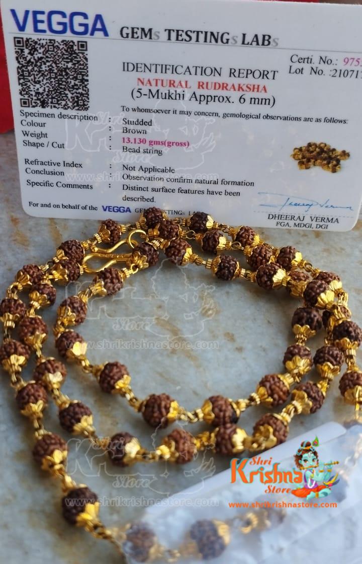 Gold 5 Mukhi Rudraksha Mala, Rudraksha Bead Mala for Neck-Lab Certified
