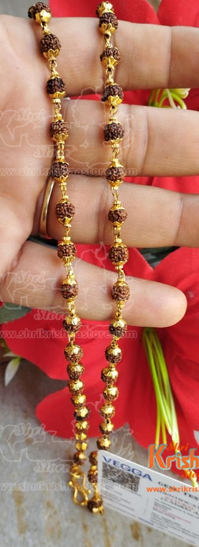 Gold 5 Mukhi Rudraksha Mala, Rudraksha Bead Mala for Neck-Lab Certified