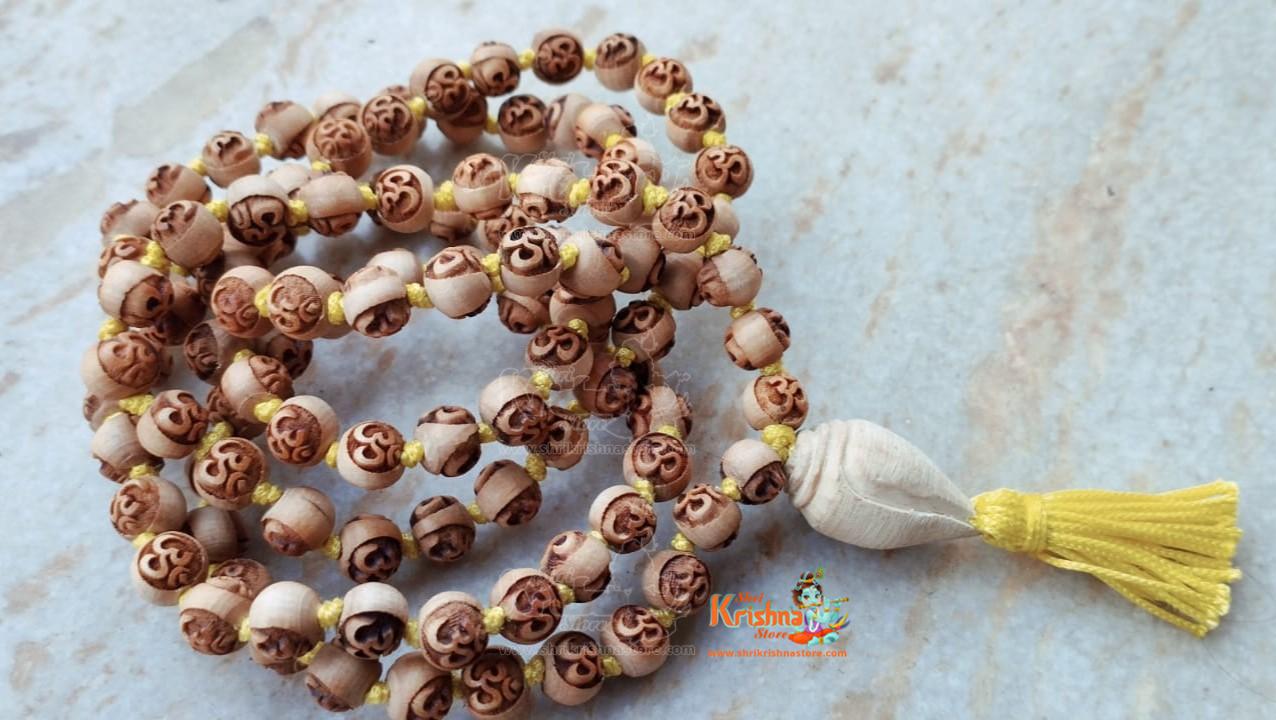 Om Carved 108 Beads Original Tulsi Japa Mala