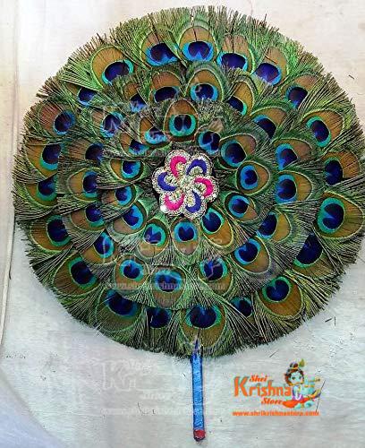 Natural Peacock 108 Feather Handmade Fan / 108 Mor Pankh Fan for Pooja (14.5 Inches Diameter)