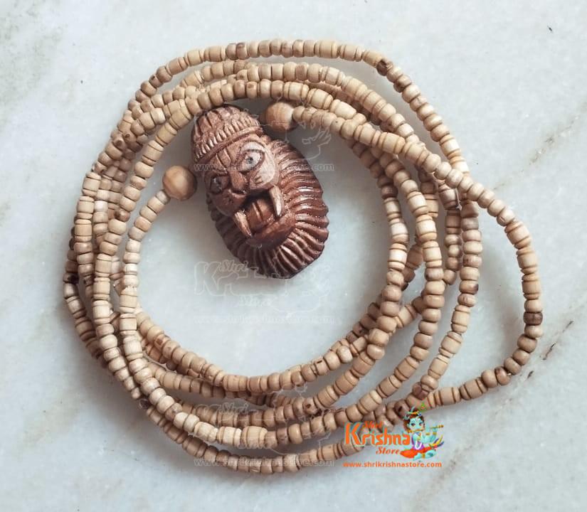 Sacred Shri Narasimha Ji Tulsi Locket Mala made with pure Tulsi beads. Perfect for protection, devotion, and spiritual strength in daily prayers.