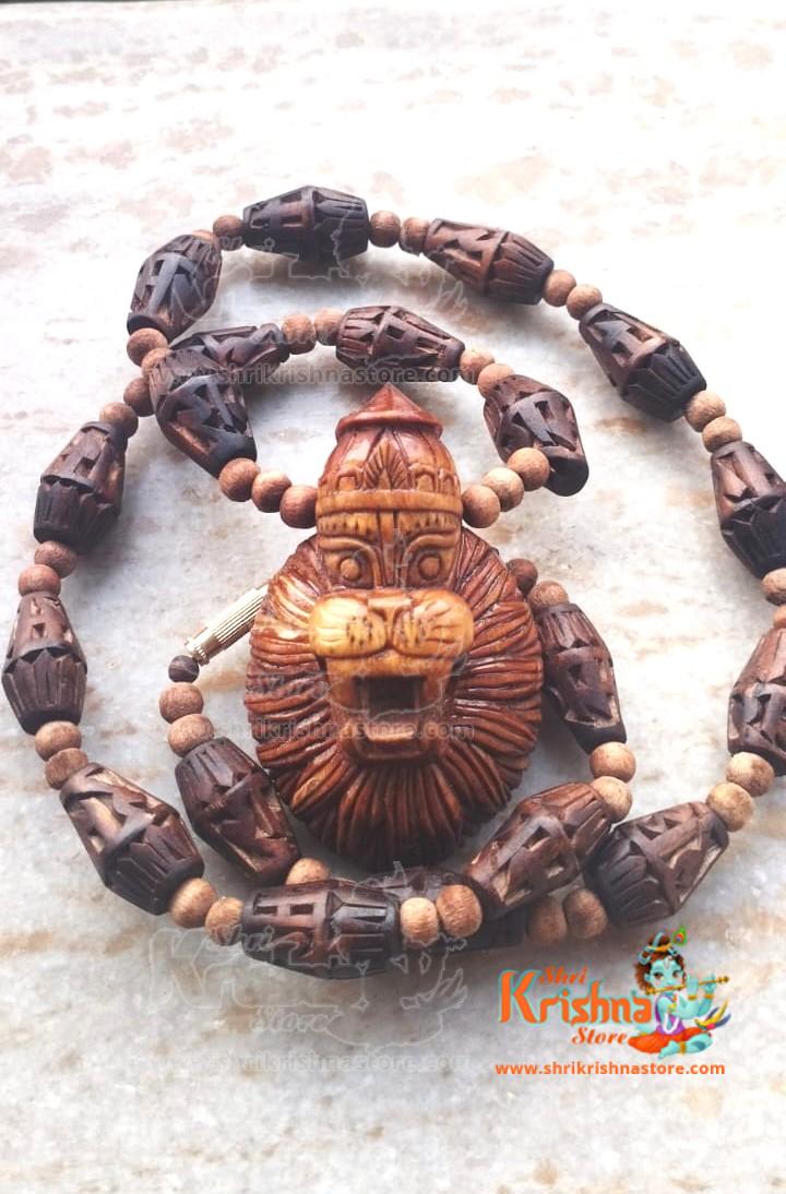 Lord Narasimha Face Locket Original Tulsi Beads Carved Kanthi Mala