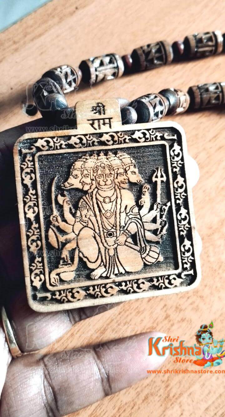 Panchmukhi Hanuman Ji With Ram Carved Tulsi Hand Made Mala