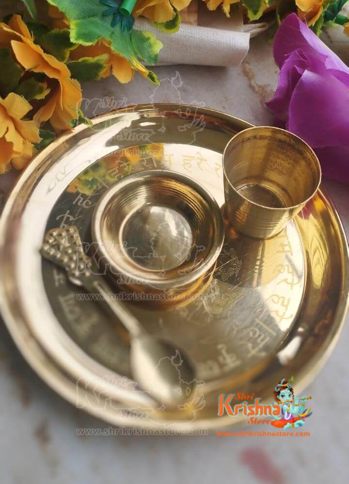 Golden Small Pooja Thali Brass Set for Home Temple