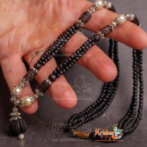 triple layer black tulsi kanthi garland with real pearl