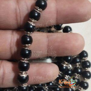 Flower Capped Shyma Black Tulsi Beads Mala In Silver