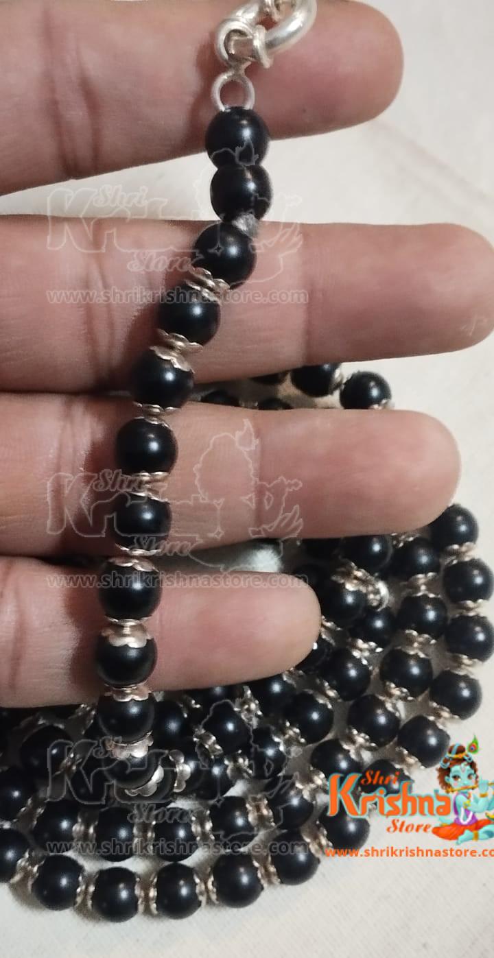 Flower Capped Shyma Black Tulsi Beads Mala In Silver