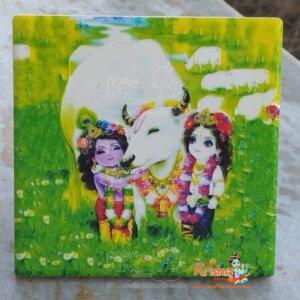 Cow With Radha Krishna Tiles Print Design Photo Frame For Home Decor