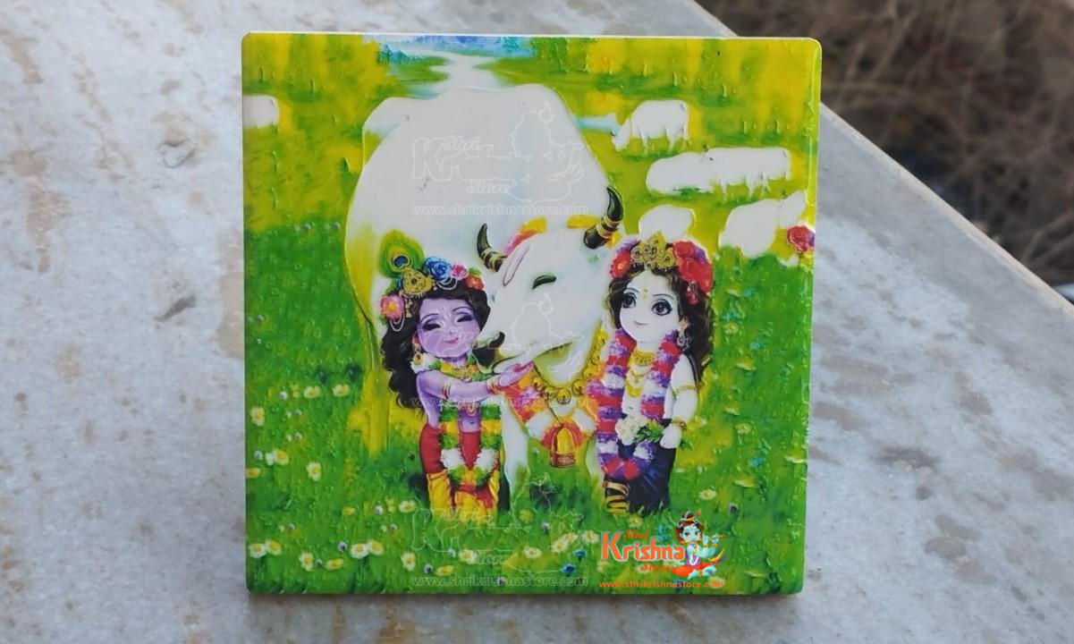 Cow With Radha Krishna Tiles Print Design Photo Frame For Home Decor