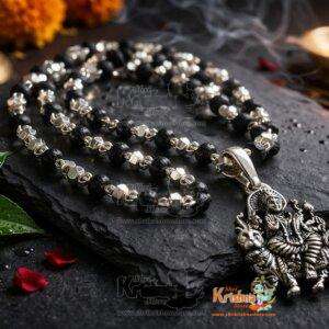Maa Durga Silver Pendant Black Shyama Tulsi Beads Mala