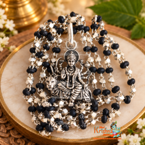Maa Durga Silver Pendant Black Shyama Tulsi Beads Mala